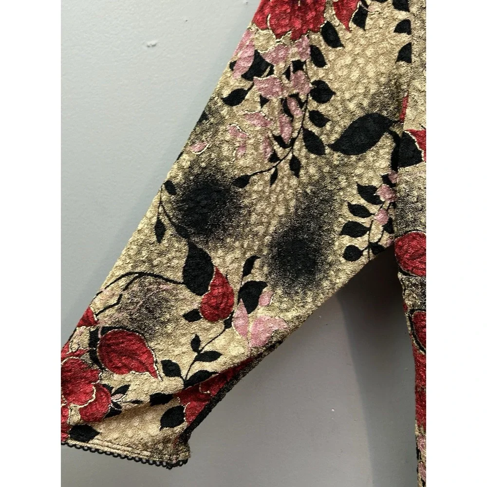 East5th Blouse Womens XL Gold Red Floral Faux Wrap Metallic Textured 3/4 Sleeve - Picture 6 of 8